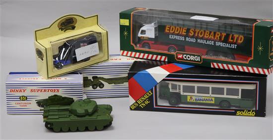 A Dinky Tank Transporter (660), a Dinky Centurion Tank (651), both mint in boxes and three other boxed toys (5)